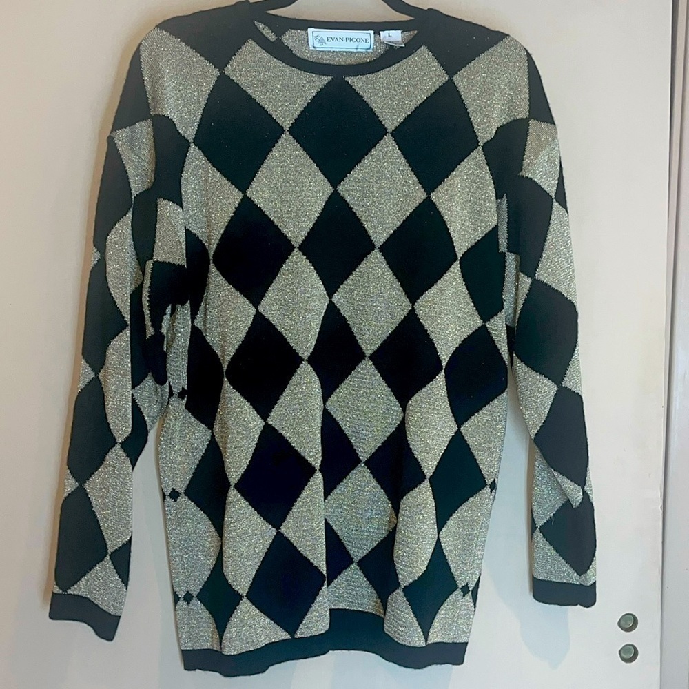 Evan Picone vintage ladies sweater size large argyle shape metallic gold / wool